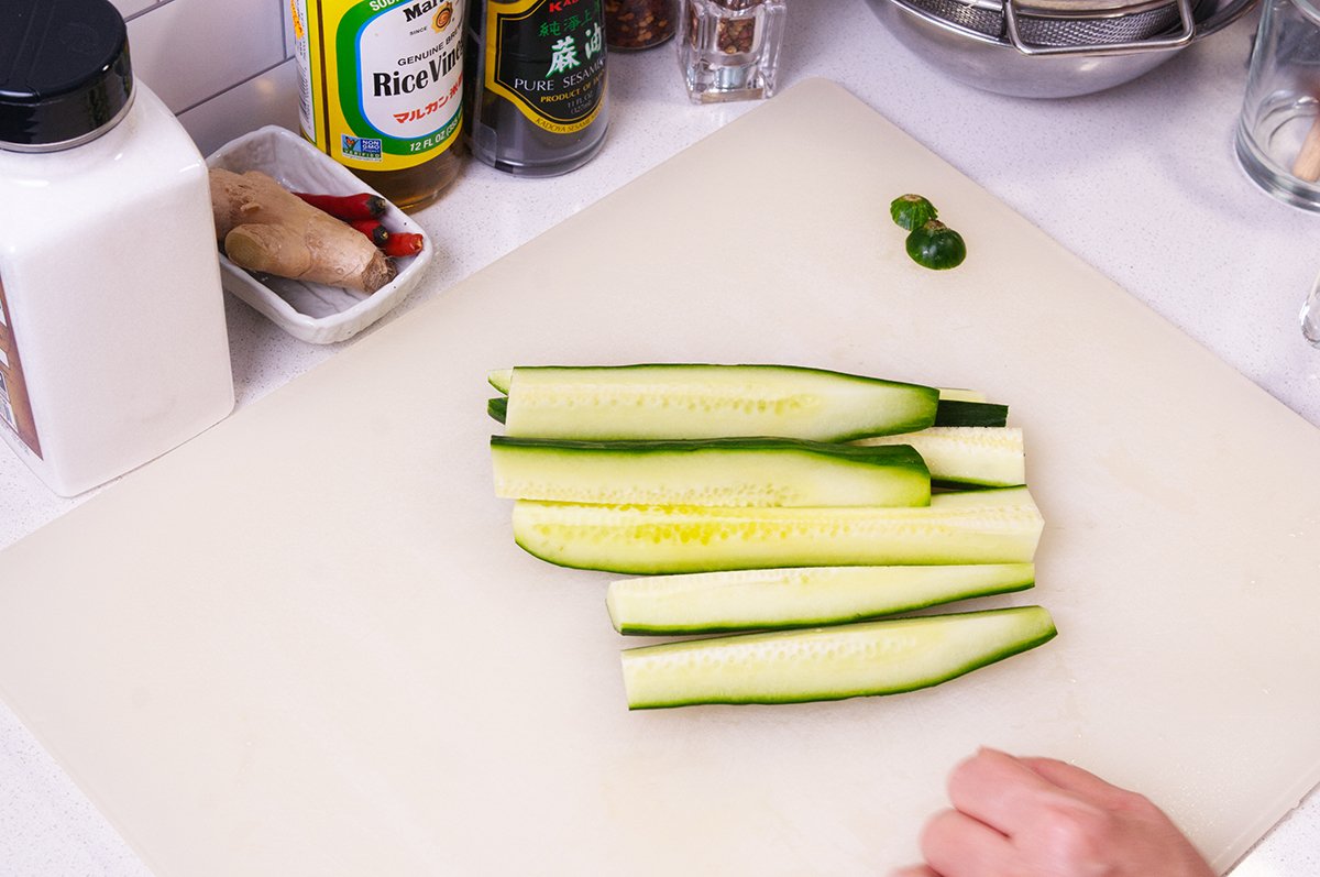 slicing cucumbers lengthwise