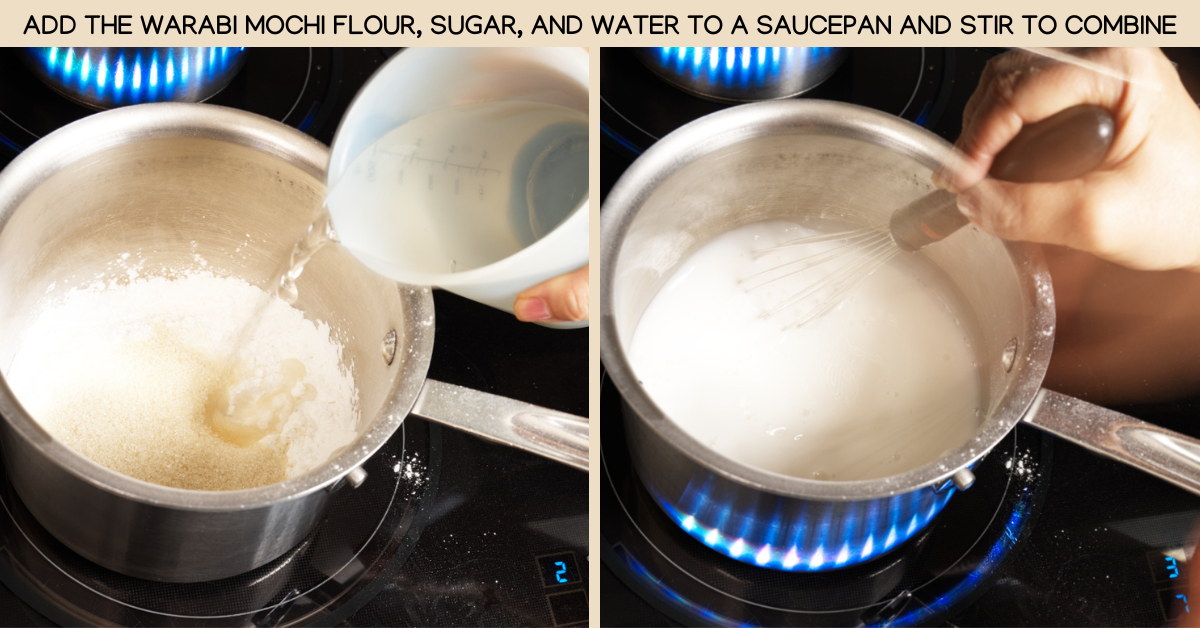 whisking warabi mochi flour and water together