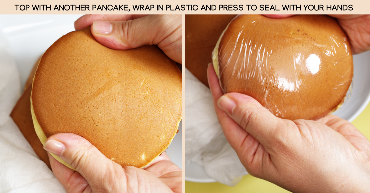 sealing dorayaki together with plastic wrap