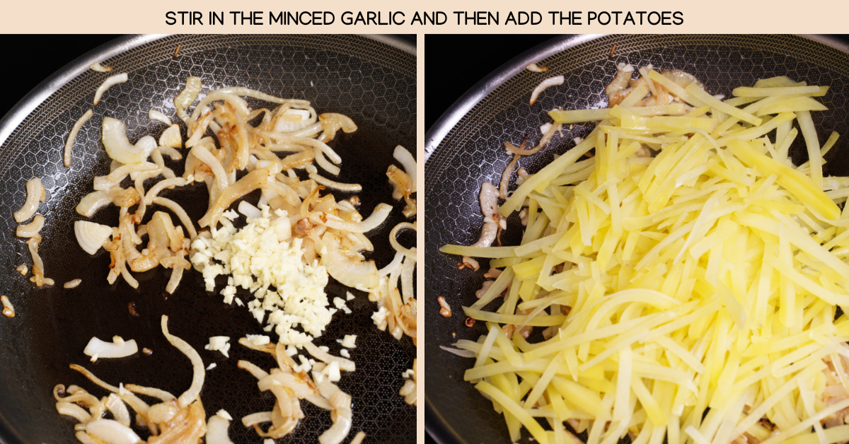 garlic and potatoes added to pan