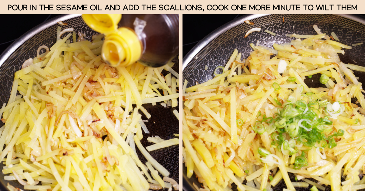 adding sesame oil and scallions