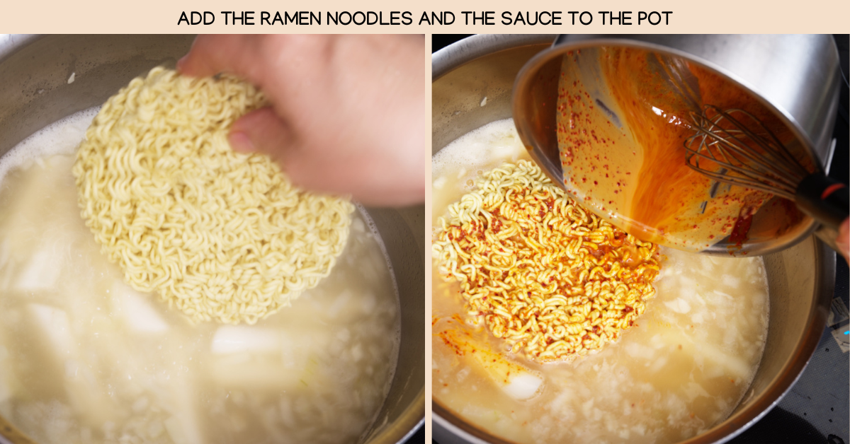 adding ramen noodles and sauce to pot