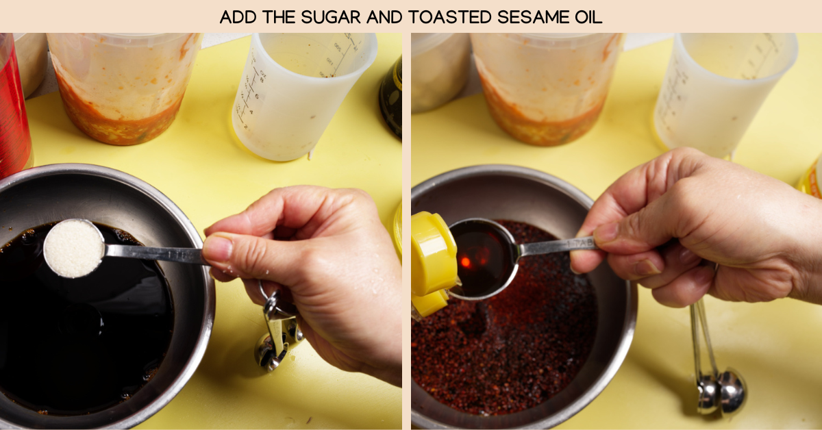 adding sugar and sesame oil