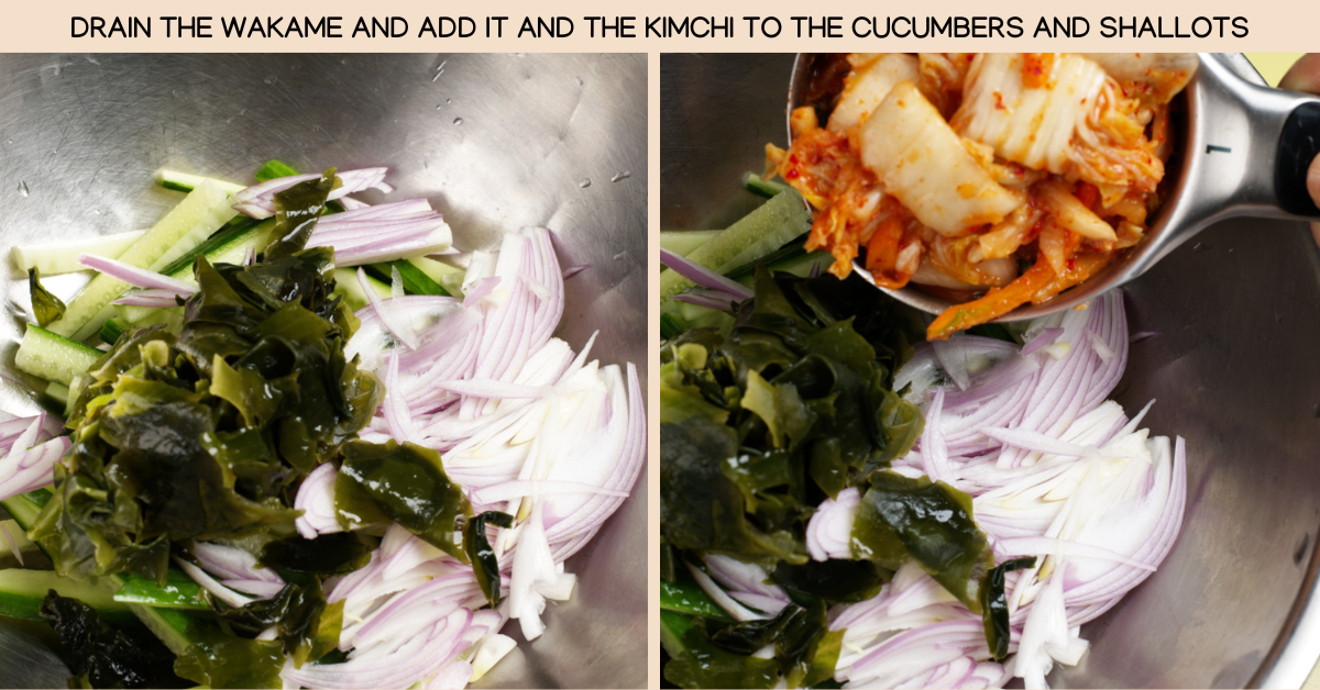 adding wakame and kimchi to cucumbers