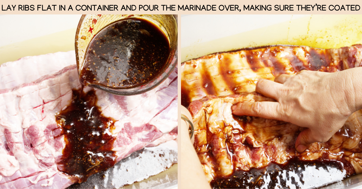 pouring marinade over sticky char siu ribs