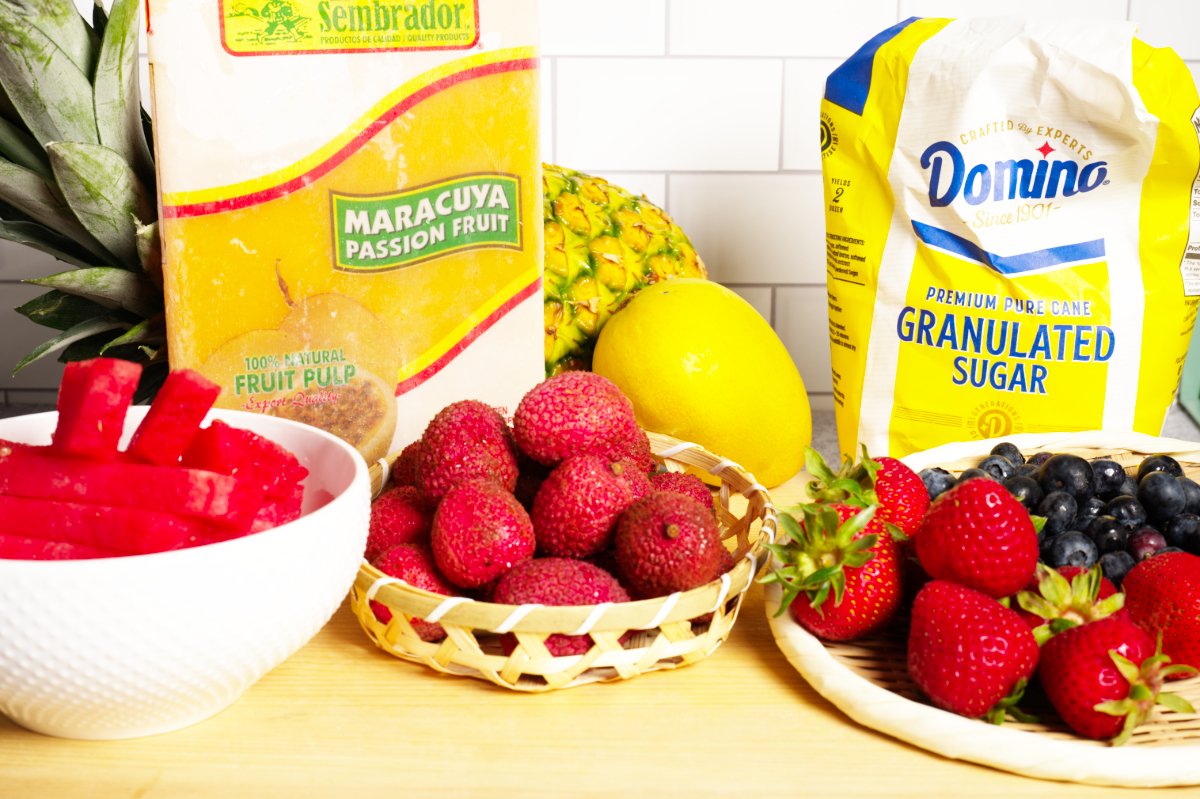 all the ingredients for tropical passionfruit salad