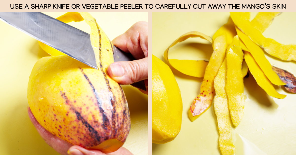 using knife to peel the mango for tropical fruit salad