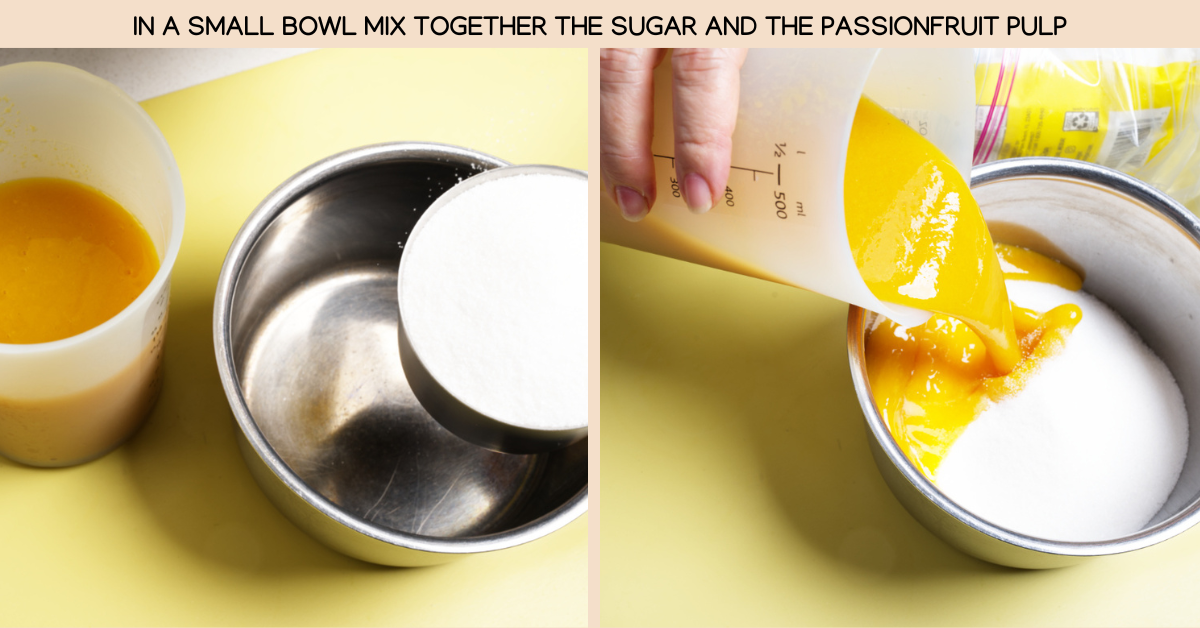 adding passionfruit pulp and sugar to bowl