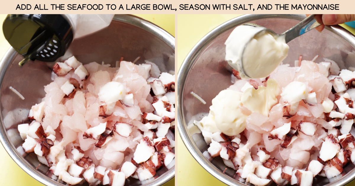 mixing seafood in bowl and adding mayo