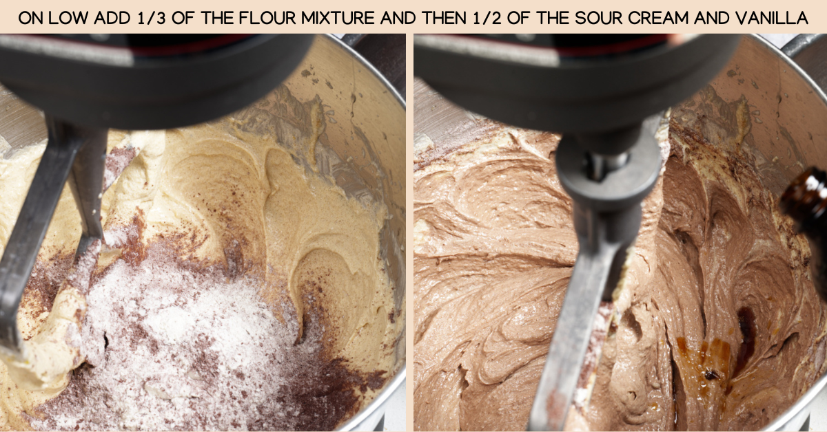 adding flour cocoa mixture and vanilla