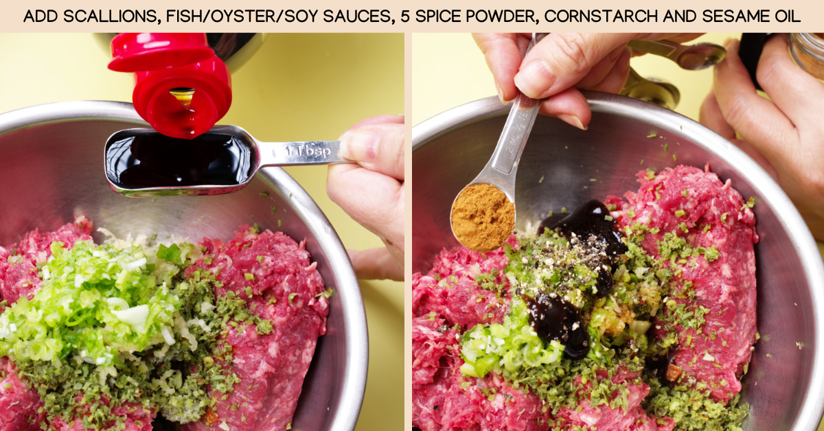 adding the spices and sauces to the meat
