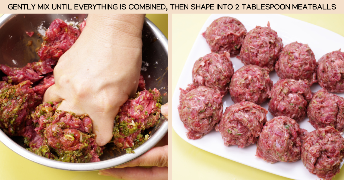 mixing the spices into the meat and shaping into meatballs