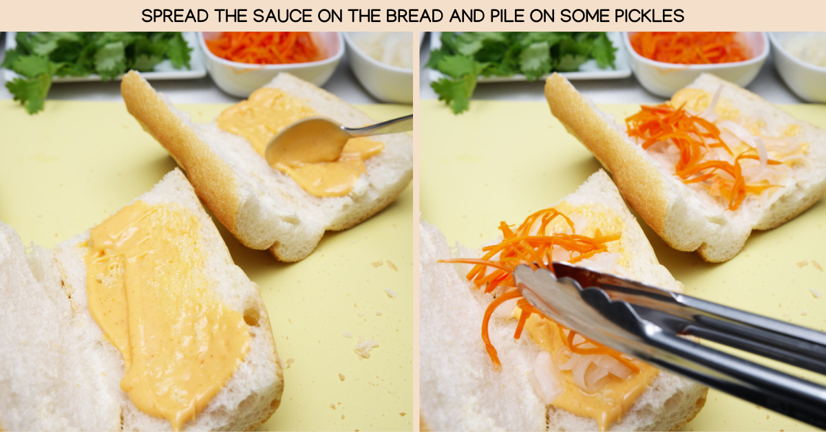 adding sauce and pickles to the bread