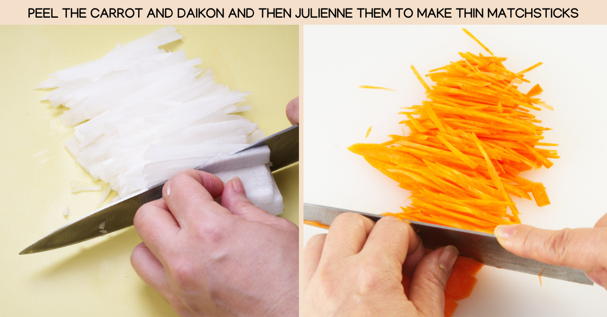 cutting the daikon and carrot into matchsticks