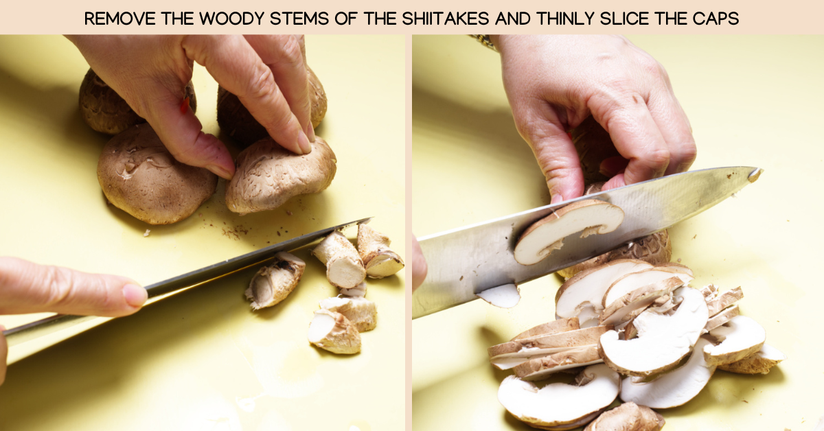photo of removing the mushroom stem and thinly slicing the caps