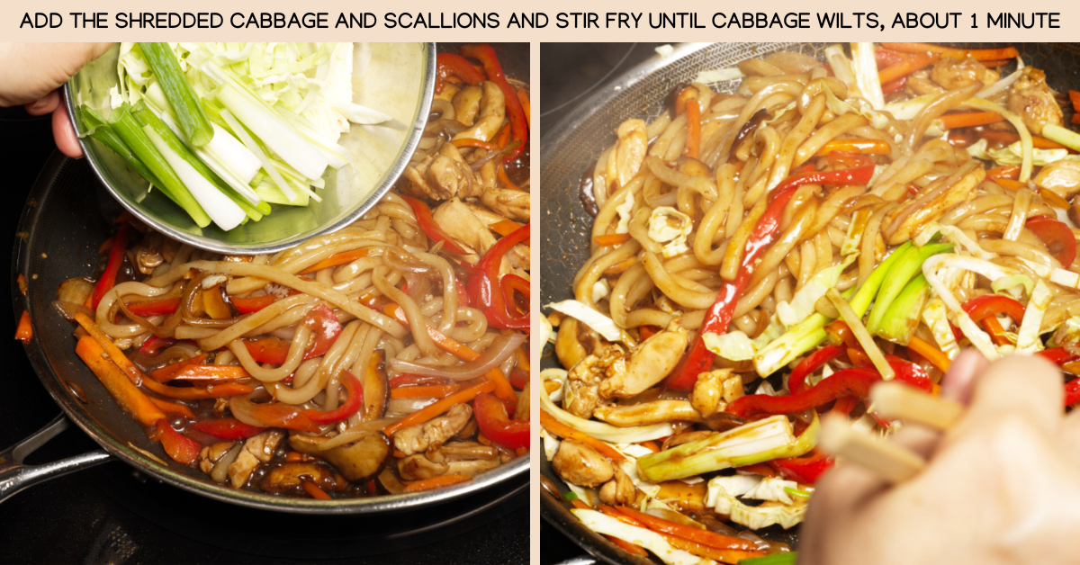 photo adding cabbage to yaki udon