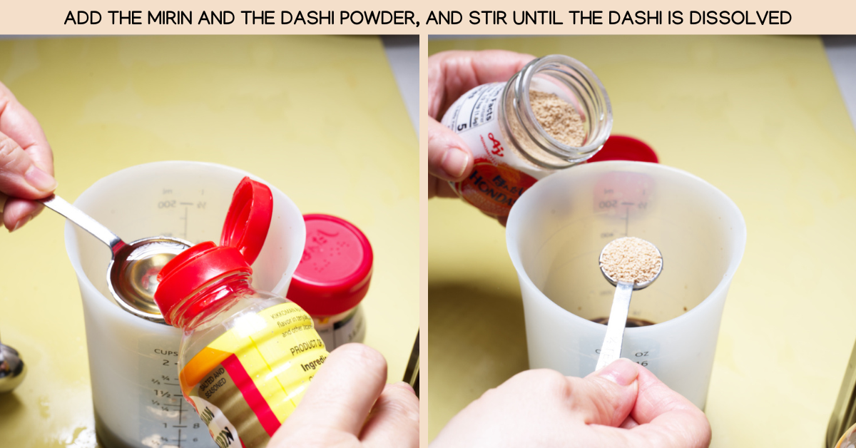 photo of adding mirin and dashi to the sauce