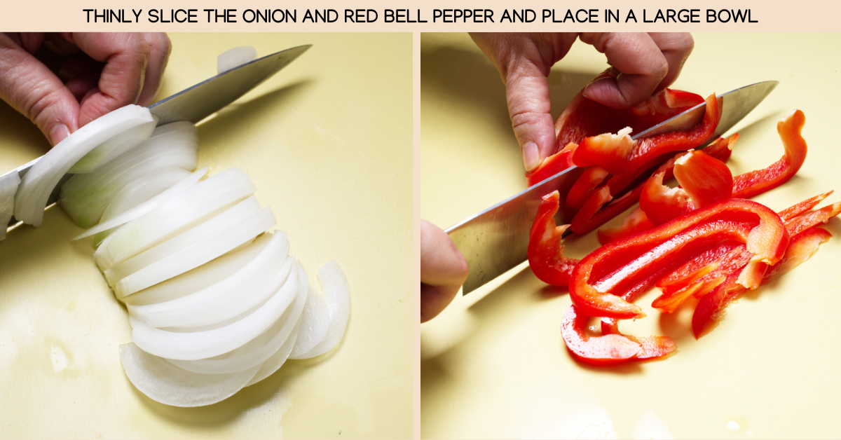 slicing the bell pepper and onion