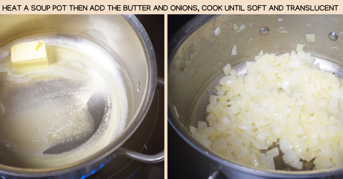 photo grid of cooking onions and butter in soup pot