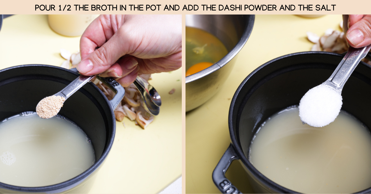 photo of adding the broth ingredients to the pot for egg souffle