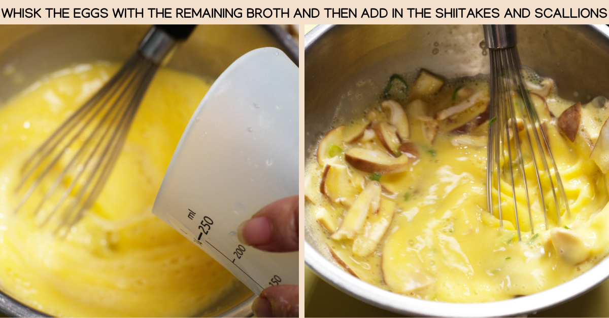 photo whisking the eggs and adding shiitakes and scallions