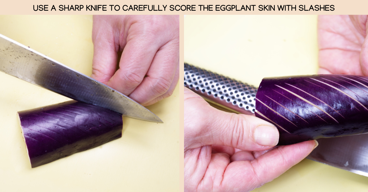 photo of scoring the eggplant skin