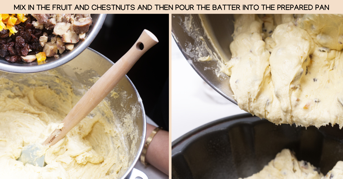 photo of mixing fruit into batter and then pouring into cake pan