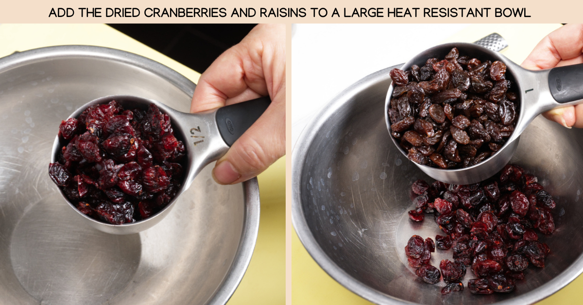 photo adding raisins and cranberries to bowl for pound cake