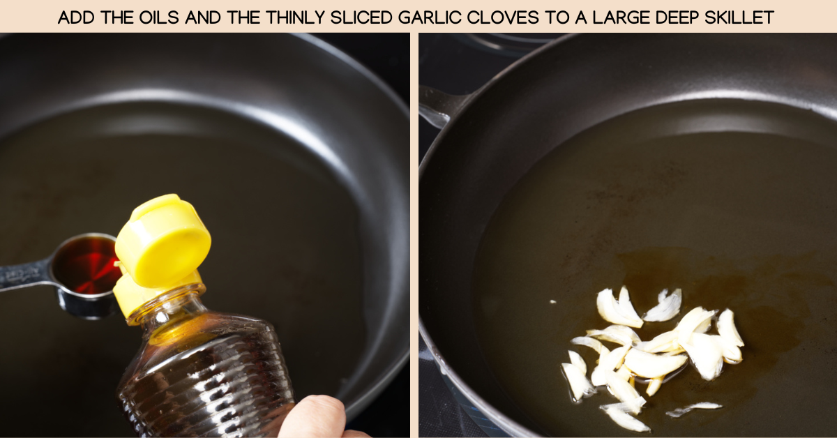 photo of adding oils and garlic to pan