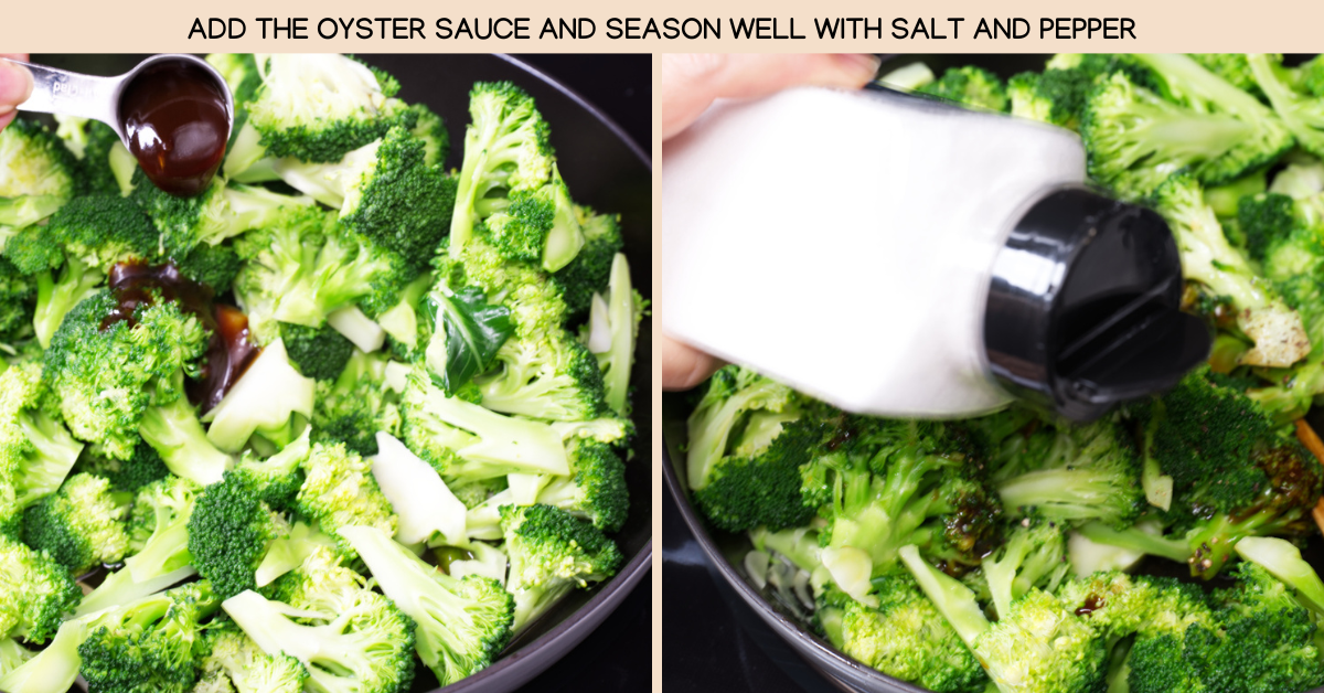 photo adding oyster sauce and seasoning broccoli