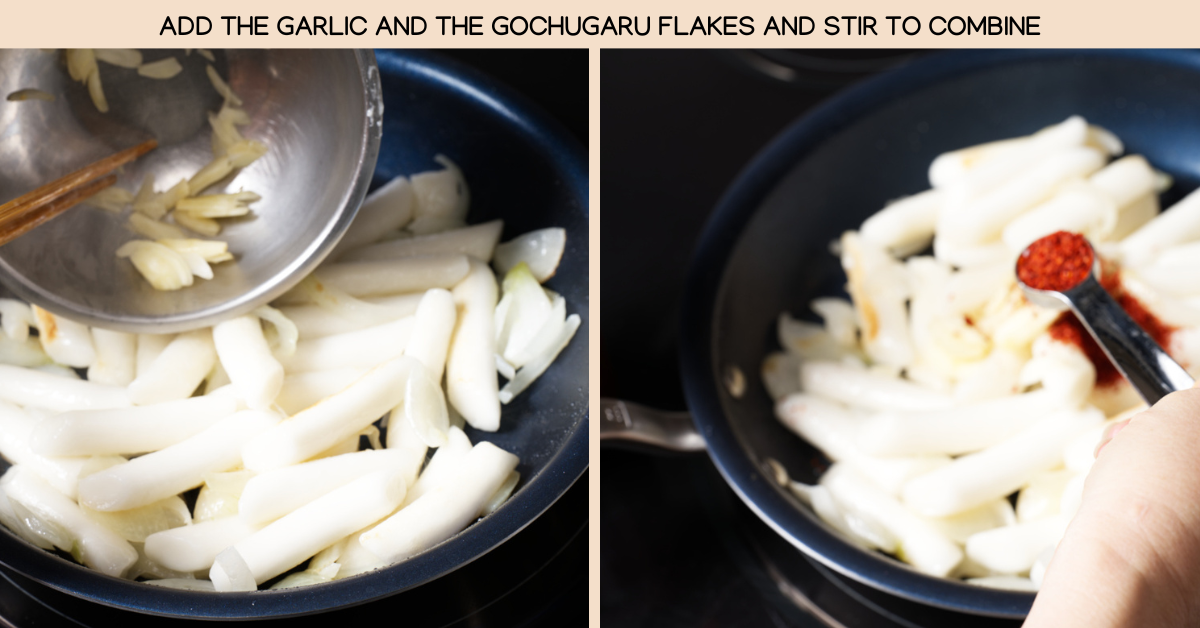 adding the pepper flakes and garlic to rice cakes