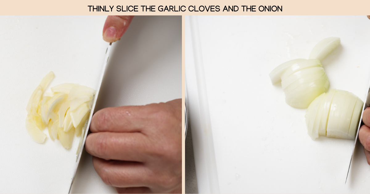 photos of slicing the garlic and onion
