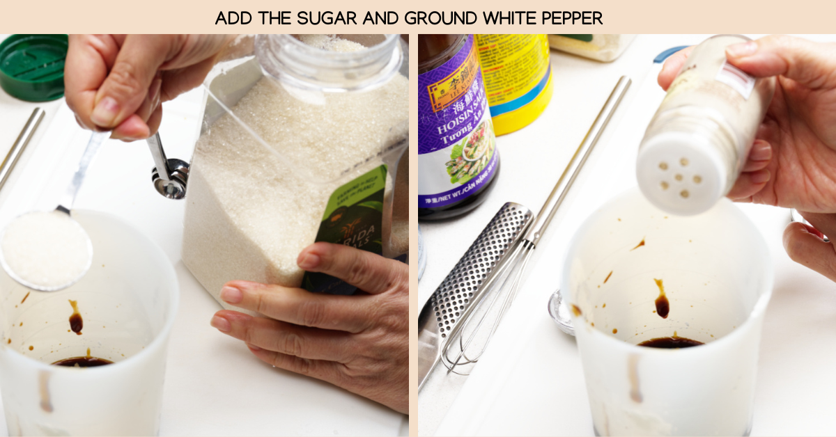 adding sugar and white pepper to sauce