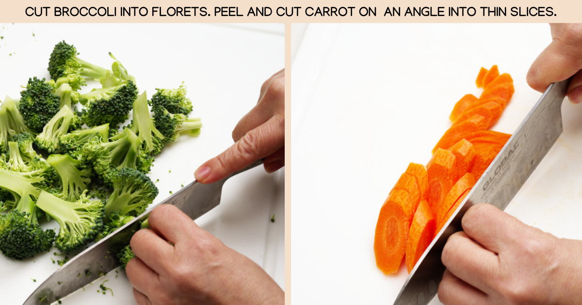 cutting carrots and broccoli for stir-fry