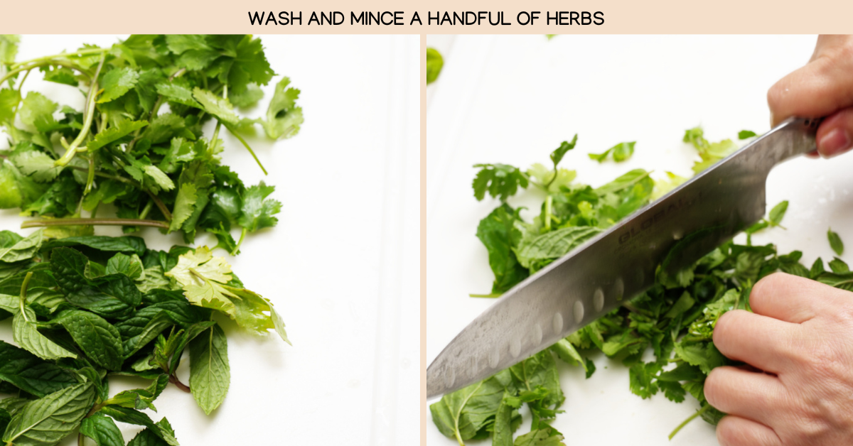 chopping herbs for slaw