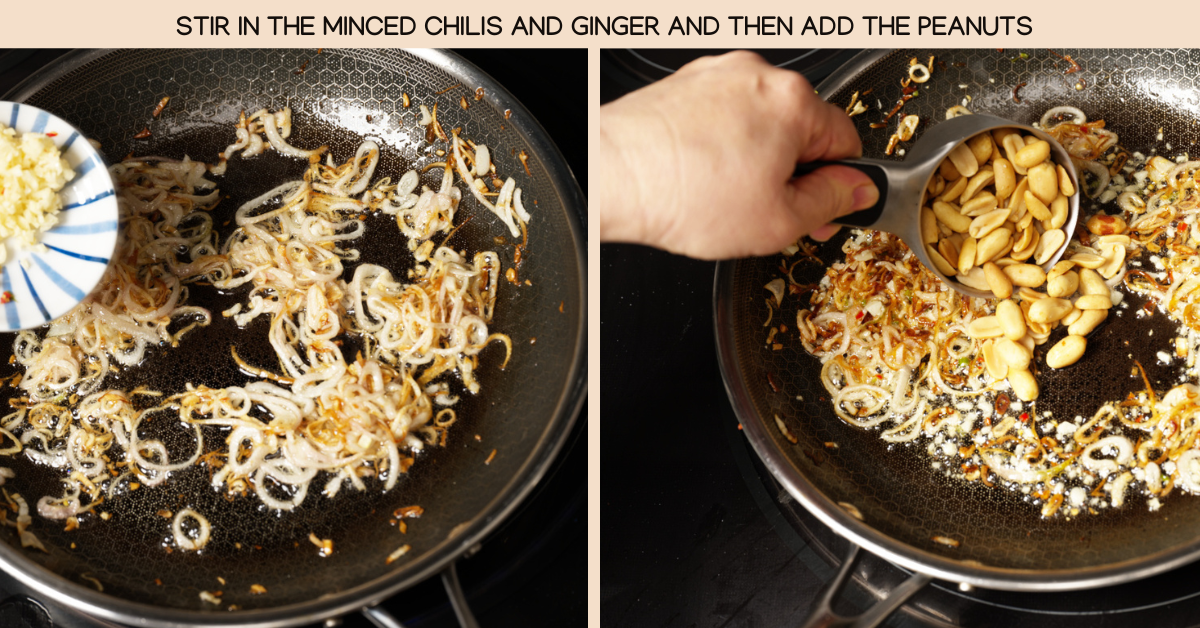 stirring in ginger and peanuts to the shallots for the cabbage slaw