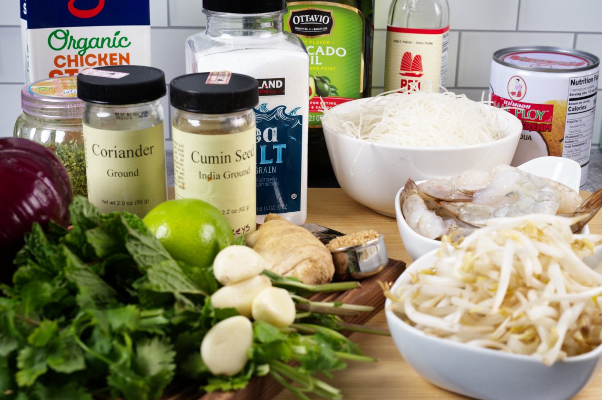 a picture of lemongrass shrimp noodle soup ingredients