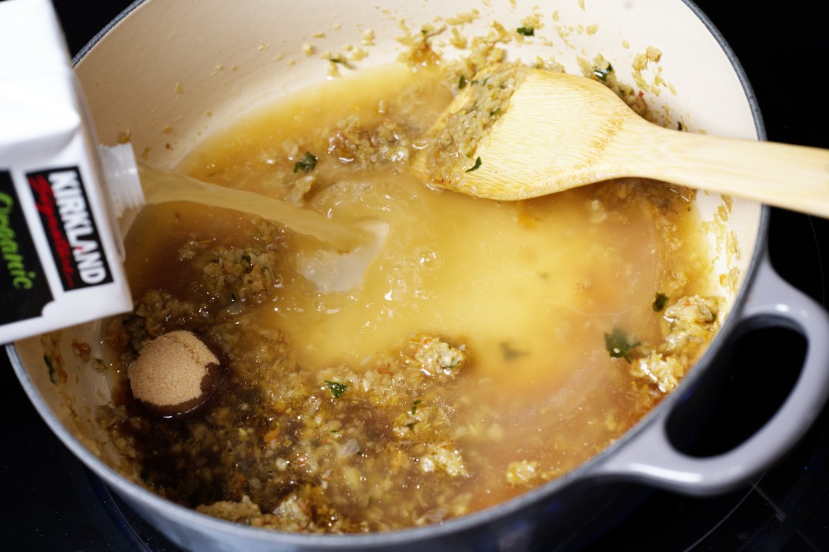 adding chicken stock