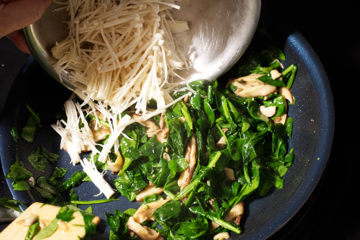 adding enoki to chilled tofu terrine filling