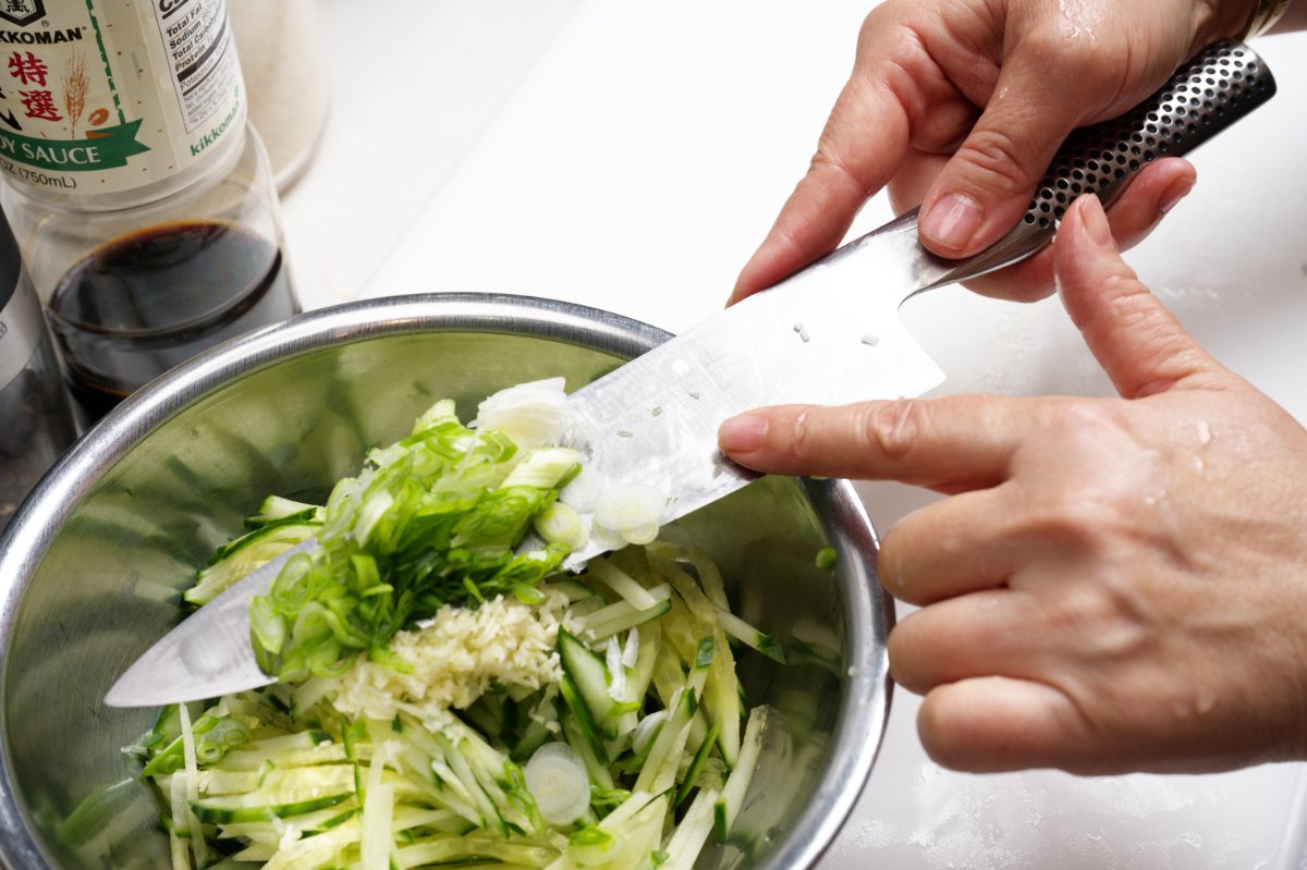 adding scallions chilled cucumber watermelon soup