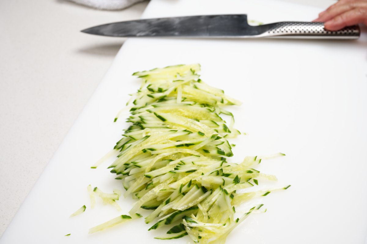 pile of julienned cucumber for chilled watermelon cucumber soup