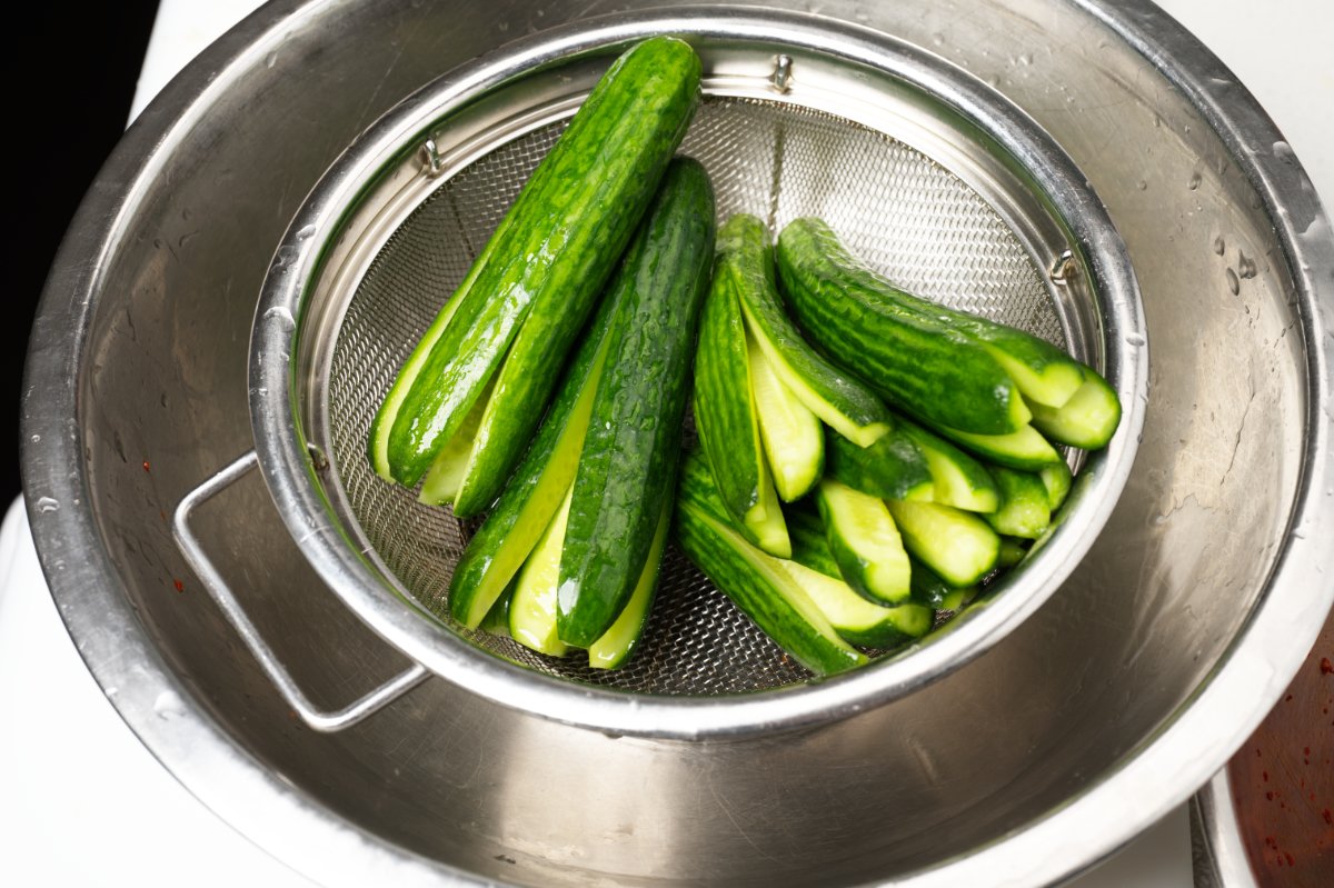 draining for stuffed cucumber kimchi