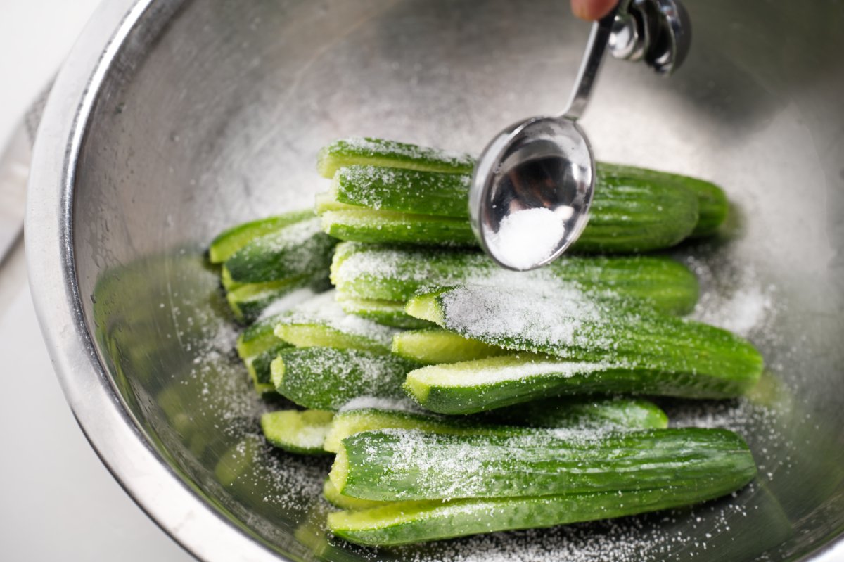 salting the cucumbers for the kimchi