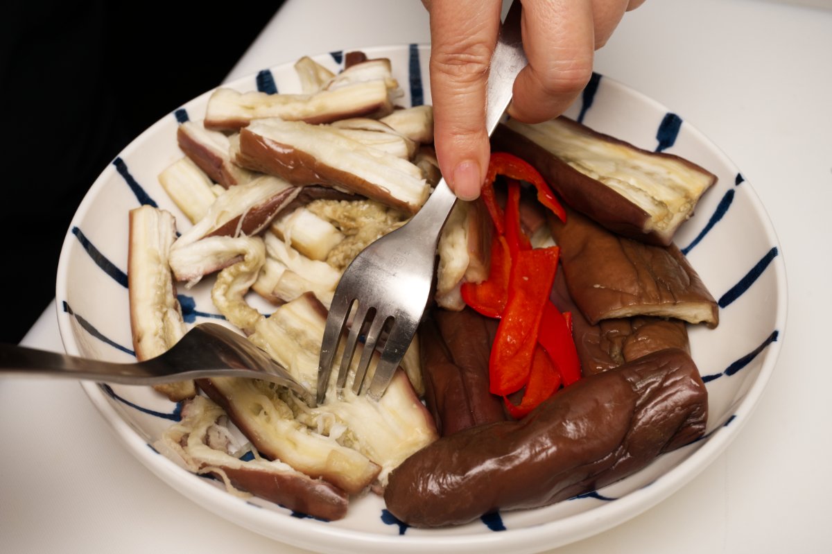 shredding eggplant for Chinese-style eggplant salad