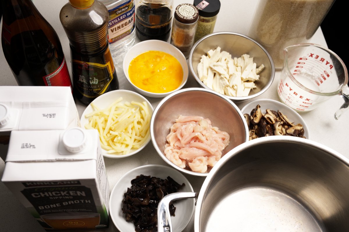 photo of prepped ingredients lined up to make hot and sour soup