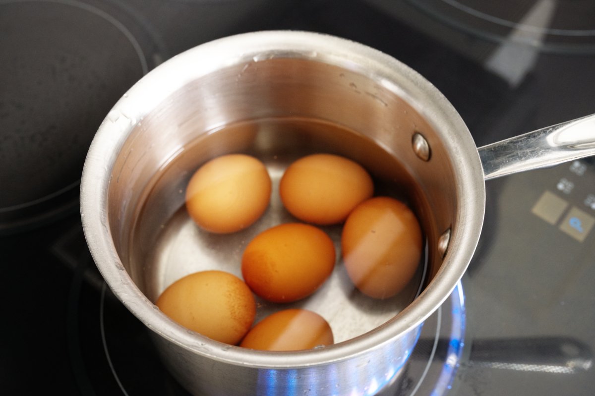 eggs in pot for japanese egg sandwich