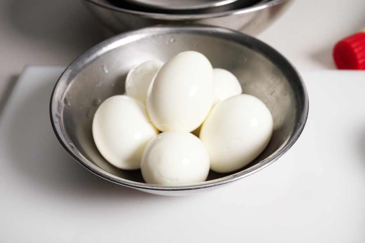 a bowl of peeled eggs for japanese egg sandwiches