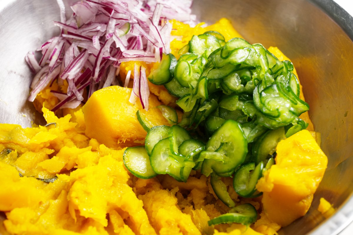adding cukes and onion to squash