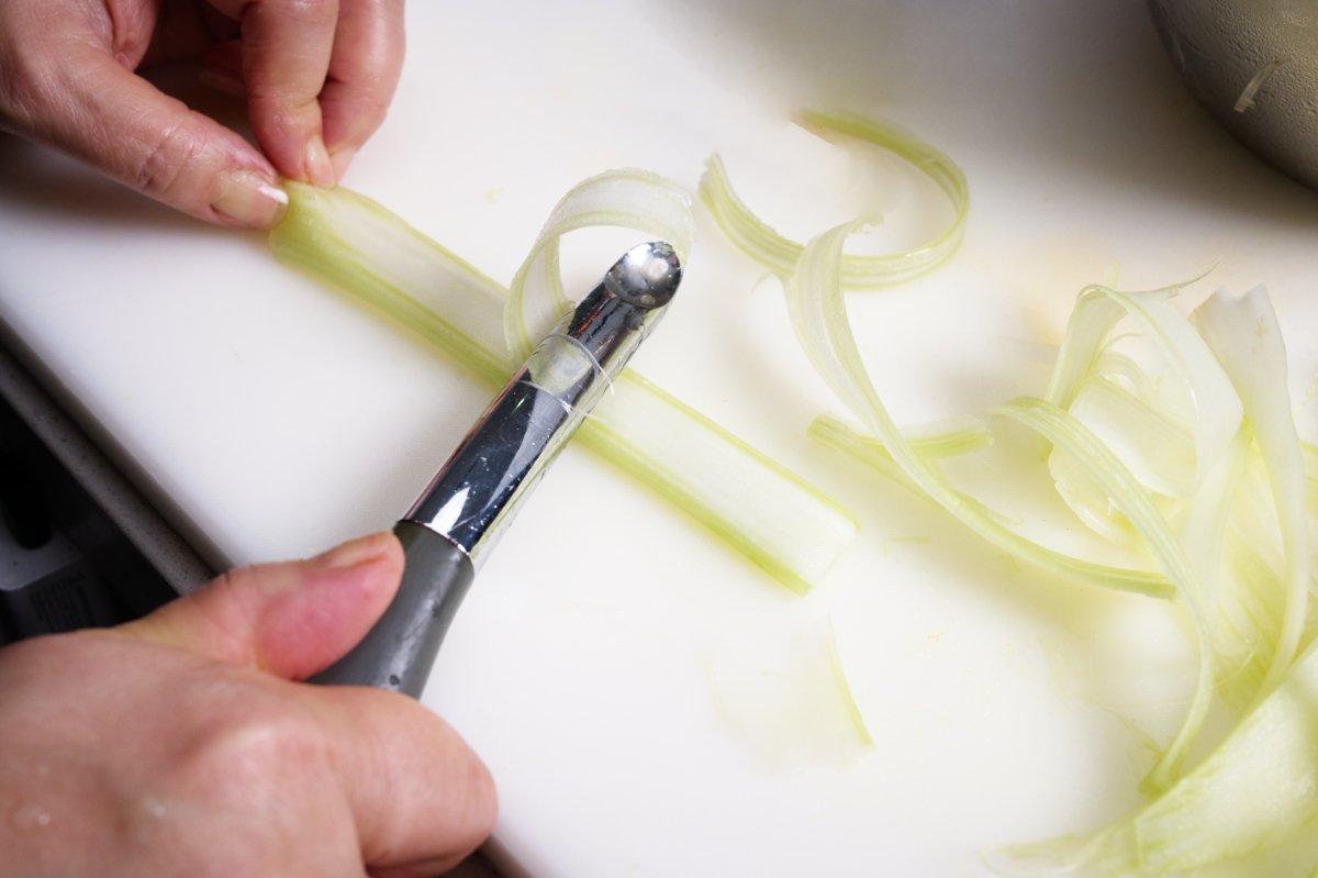 peeling celery for shrimp salad