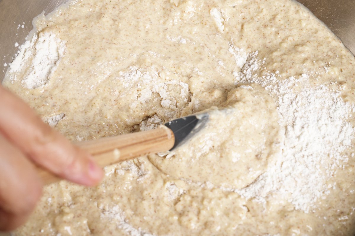 combining wet with dry for healthy breakfast muffins